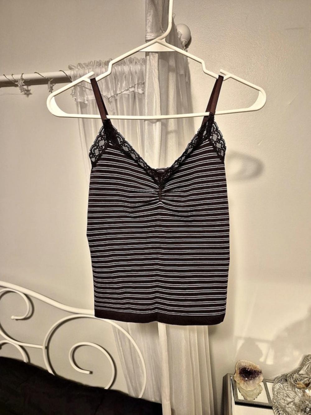 Calvin Klein Striped Lace Camisole in Black & Pink Size Large